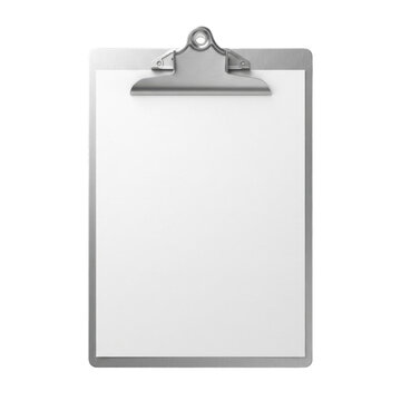 Silver metal clipboard with blank white paper.