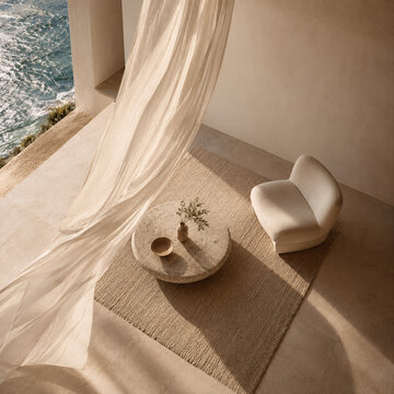 Minimal Coastal Lounge with Sculptural Chair and Ocean View