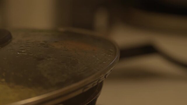 Water droplets condense inside a glass lid covering a hot pan.