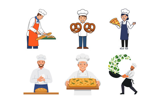 Collection of Professional Chefs Preparing Diverse Culinary Dishes and Bakery Items