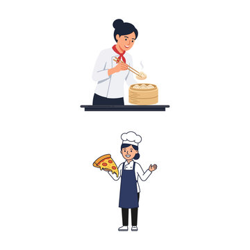 Professional Chefs Preparing Traditional Dumplings and Fresh Pizza Culinary Art Illustration