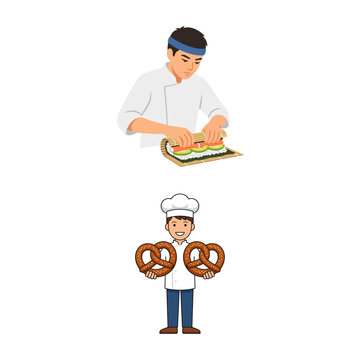 Professional Culinary Workers Preparing Traditional Food Specialties Like Sushi Rolls And Baked Pretzels