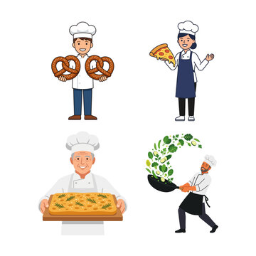 Set of Professional Chefs and Bakers Preparing and Serving Various Delicious Culinary Dishes