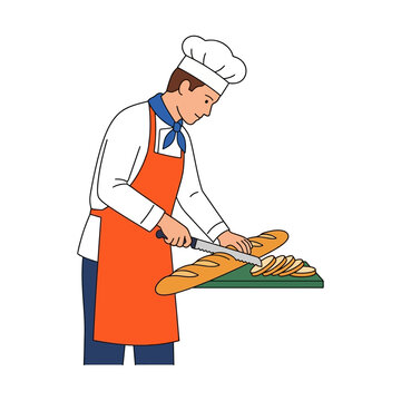 Professional Chef Slicing Fresh Crusty French Baguette on Wooden Cutting Board