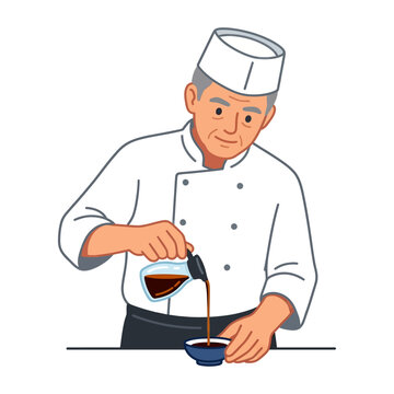 Professional Senior Japanese Chef Pouring Soy Sauce into a Small Dipping Bowl Illustration