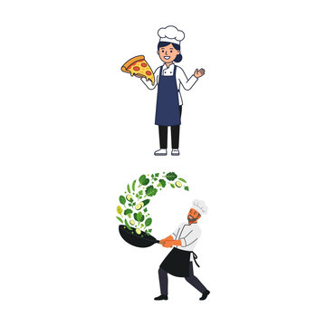 Professional Chefs Preparing Delicious Pizza and Fresh Vegetable Stir Fry Meals