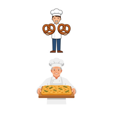 Professional Bakers Holding Freshly Baked Pretzels and Focaccia Bread Flat Vector Illustrations