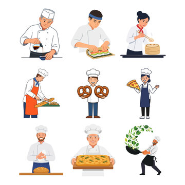 Professional Culinary Experts Set Featuring Chefs Cooking Various International Dishes and Baked Goods