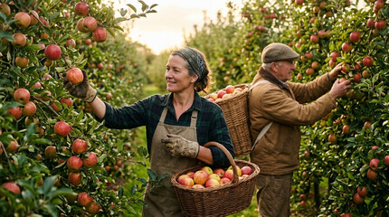 Fototapeta premium Apple Orchard Harvest: Couple Picking Ripe Apples in Autumn Sunshine