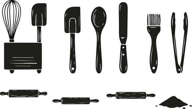 Set of black kitchen baking tools and utensils line art icons including whisk rolling pin and spatula