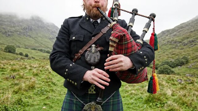 Scottish Bagpiper in traditional kilt playing in a misty highland landscape
