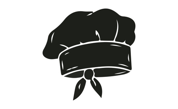 Black silhouette chef hat icon illustration tied with scarf isolated on white background for restaurant logo design