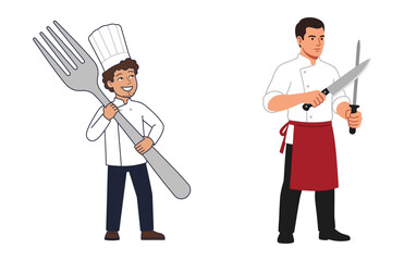 Professional chef sharpening knife and young cartoon cook holding giant fork isolated illustration