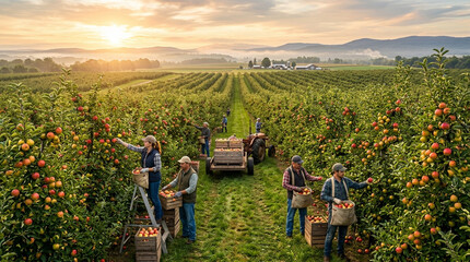 Fototapeta premium Apple Orchard Harvest: Farmers Picking Ripe Fruit at Sunrise