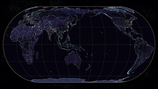 Hufnagel projection world map. Earth rotates eastward with glowing city lights and cyan illuminated country borders. Amber graticule lines overlay. Animated hexagonal dark background. Seamless loop.