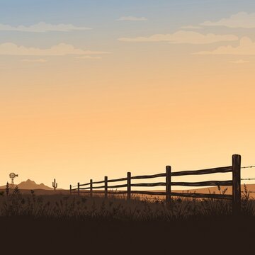 Rustic western vector backdrop with wooden fence silhouette and prairie grass, minimal style, large empty copy space