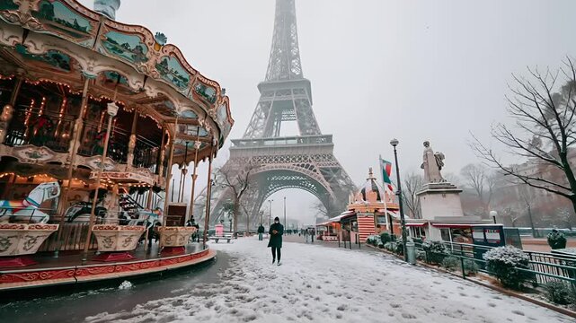 Paris, France, Europe. A vivid winter scene in Paris, France. The Eiffel Tower stands majestically in the background, its iconic lattice structure contrasting with the snowcovered ground.