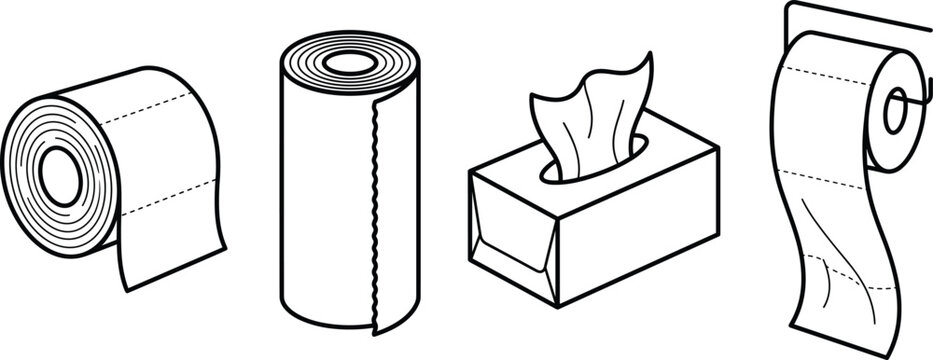 Tissue paper vector icon set featuring toilet roll paper towel kitchen roll and facial tissue box line art