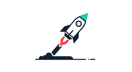 Stylized rocket blasts off from a dark launching pad with fiery exhaust © AJI T