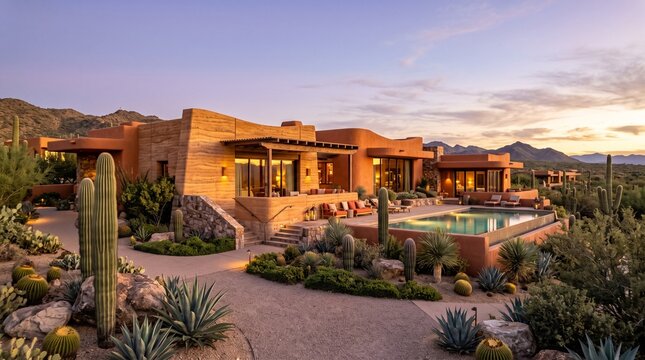 Luxury Desert Resort Villa with Swimming Pool and Saguaro Cactus at Sunset
