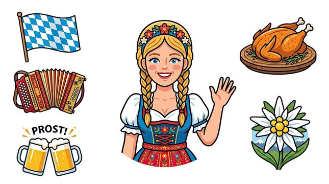 Bavarian woman in dirndl with traditional Oktoberfest food icons.