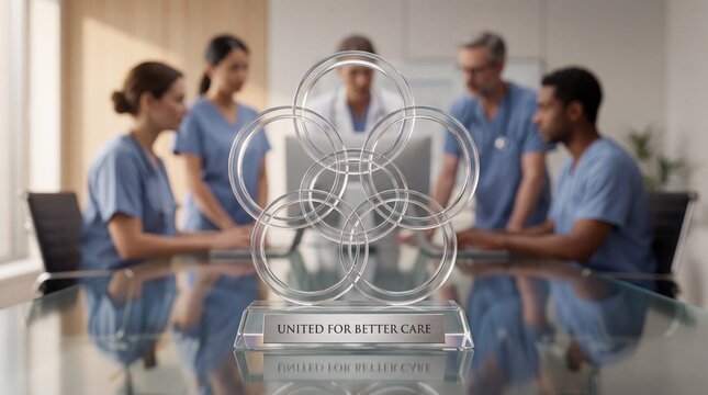 Acrylic award trophy with healthcare professionals sitting together in background with interlocking rings sitting
