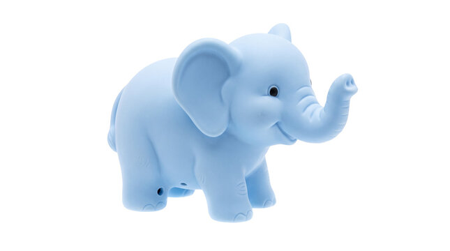 Light blue elephant toy on white background, cute rubber animal figure for baby bath time, soft plastic elephant character for nursery decor