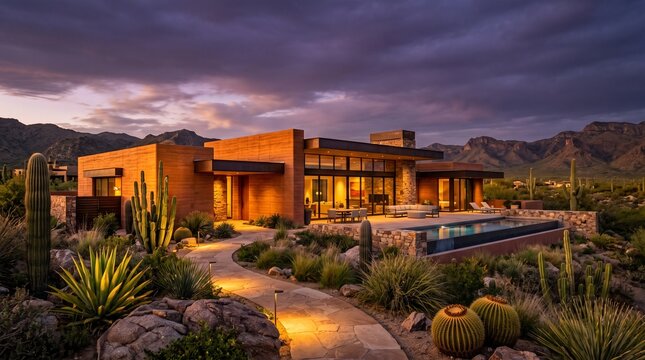 Luxury Desert Modern Home with Infinity Pool at Sunset