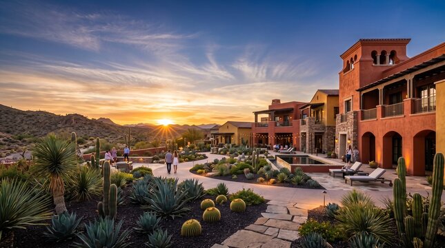 Luxury Desert Resort at Sunset with Cactus Garden and People Walking