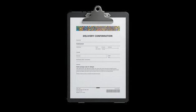 Clipboard holding a delivery confirmation document displays administrative logistics paperwork on a black background.