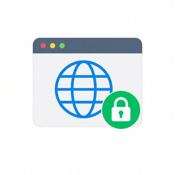 Minimal flat vector illustration of a secure web browser featuring a globe and padlock icon, representing SSL security, website protection, cybersecurity, online privacy, and secure internet access.