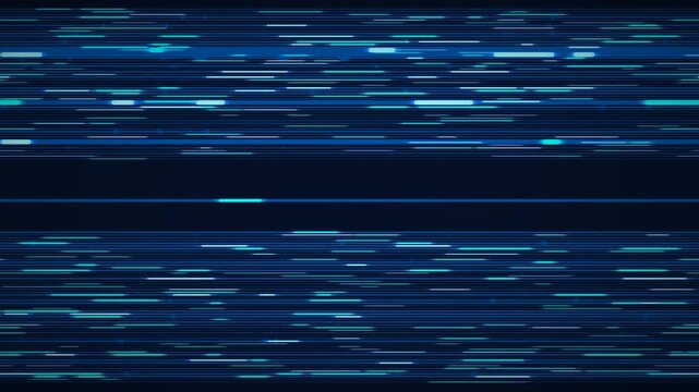 Abstract dark blue digital data stream with vibrant light blue horizontal lines and animated glitch effect motion background.