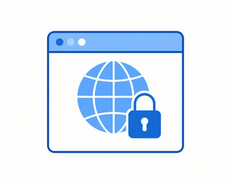 Minimal flat vector illustration of a secure web browser featuring a globe and padlock, ideal for cybersecurity, online privacy, encrypted browsing, cloud services, and secure internet concepts.