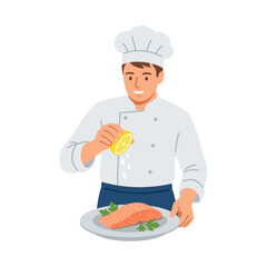 Male chef in uniform squeezing fresh lemon juice over cooked salmon fillet on plate