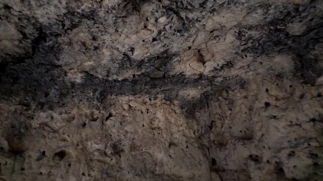 Xemxija, Malta 29.07.2026 - Heritage trail, Roman Baths, shelf like cut in the stone Dark cave walls show rough, textured surfaces. Greenish moss grows on damp, uneven stone. Light filters through nar