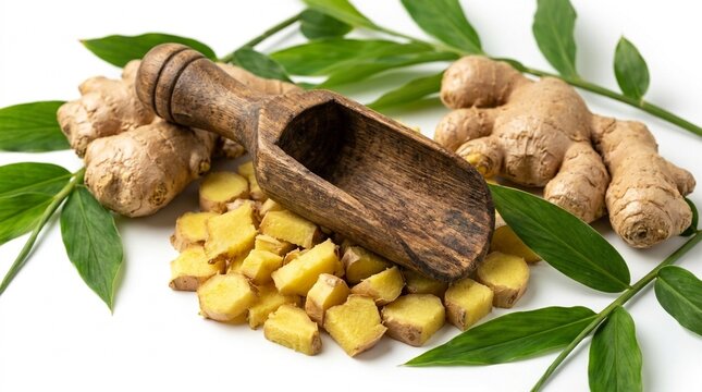 Fresh Ginger Root with Chopped Pieces and Wooden Scoop on White Background