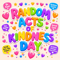 Naklejka premium Colorful random acts of kindness day poster with cheerful text and hearts stars decorations