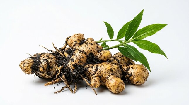 Fresh Organic Ginger Root with Soil and Green Leaves on White Background