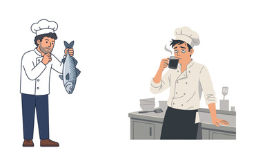 Cartoon Chef Characters Vector Illustrations Set with Cooking and Kitchen Activities