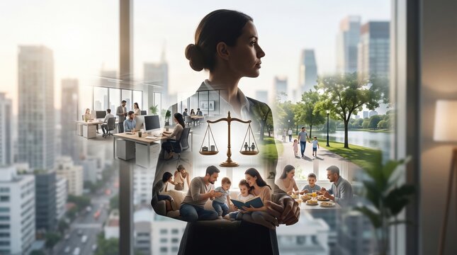 A professionals balanced life amidst urban and natural settings with focus on balance professional career family moments office work environment judicial scales.