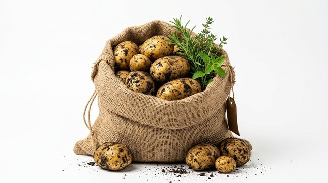 Fresh Raw Potatoes with Herbs in a Burlap Sack on White Background