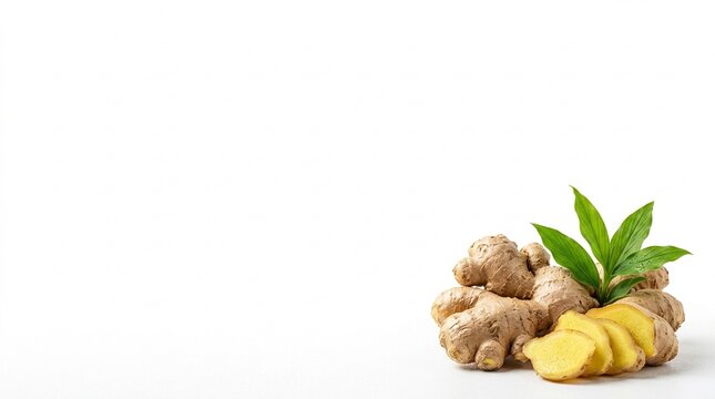 Fresh Ginger Root with Green Leaves Isolated on White Background