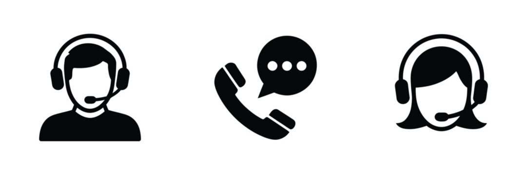 Customer service icon set, flat black call center symbols featuring male and female support agents with headsets and telephone assistance icons, clean vector illustration for help desk, CRM and commun
