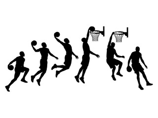 Black silhouette sequence of a basketball player performing a slam dunk © Tom