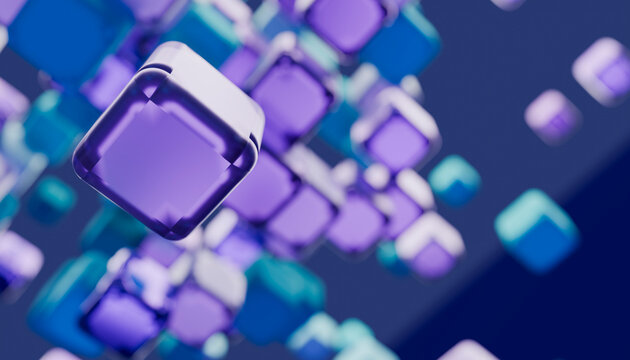 Digital illustration of floating transparent purple and blue 3d cubes