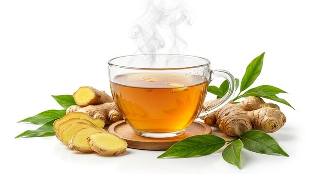Steaming Cup of Fresh Ginger Tea with Sliced Ginger Root on White Background