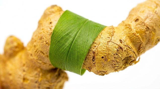 Fresh Organic Ginger Root Wrapped in a Green Leaf Isolated on White Background