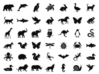 Black animal silhouette icons set featuring wildlife, marine, birds, and insects