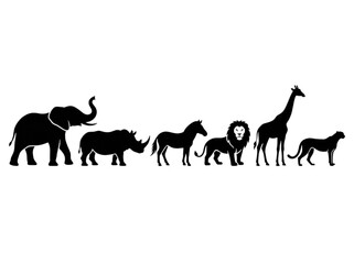 Obraz premium Collection of African Safari Animal Silhouettes Featuring Elephant Rhino Zebra Lion Giraffe and Cheetah