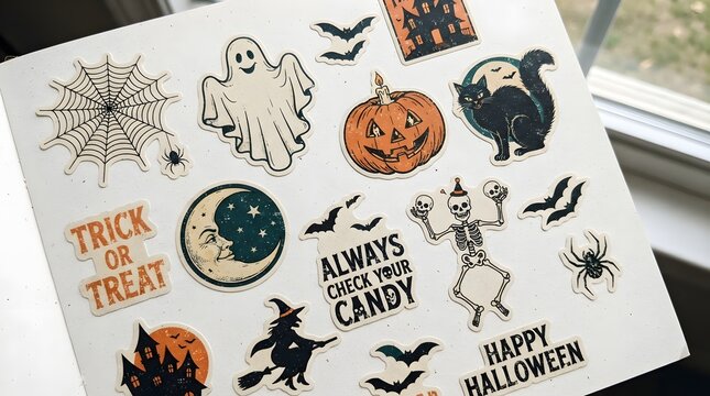 Collection of vintagestyle halloween stickers featuring ghosts, pumpkins, black cats, skeletons, and bats on a white surface